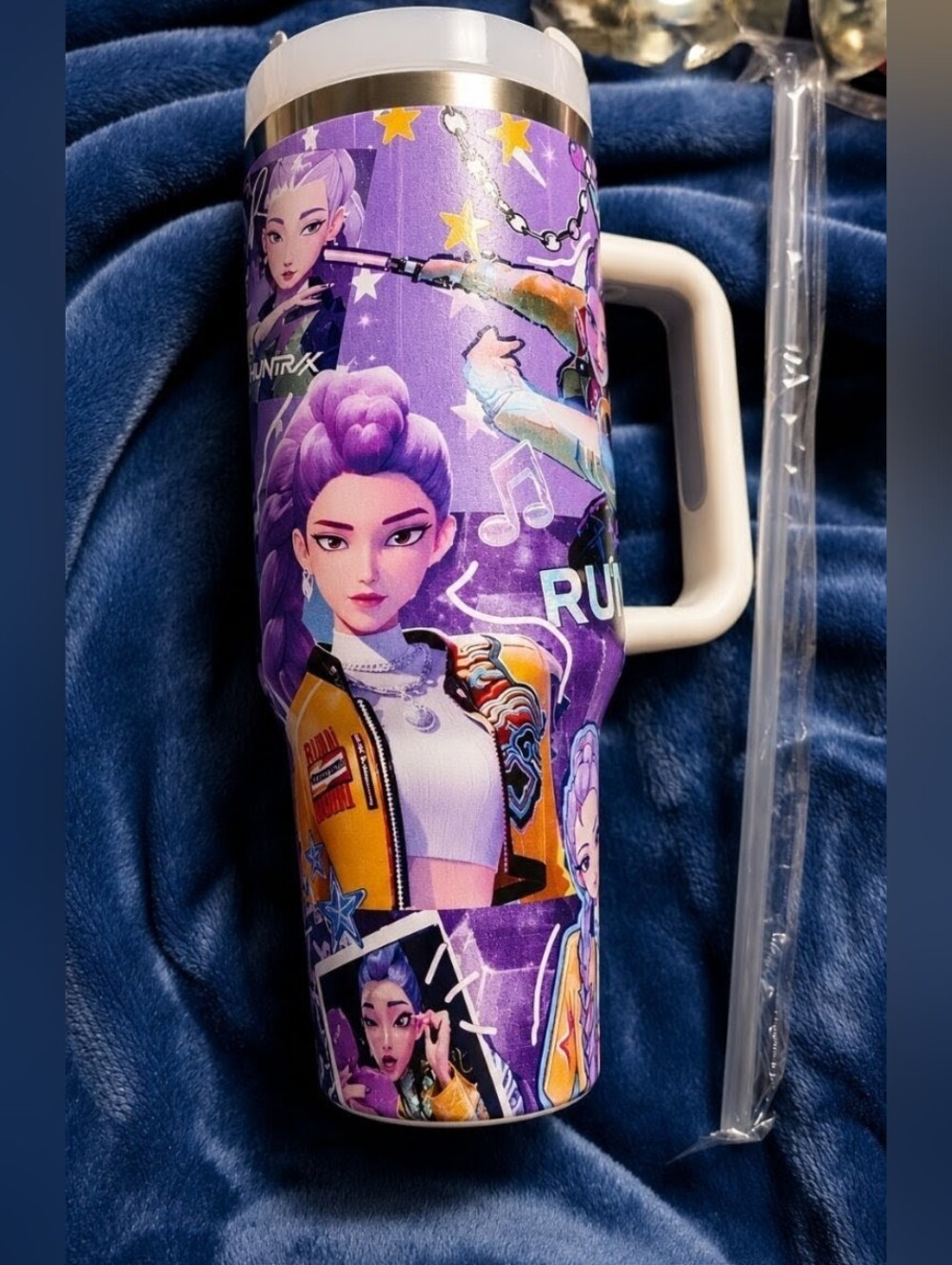 New K-pop Demon Hunters RUMI Purple Anime Character Travel Tumbler with Handle